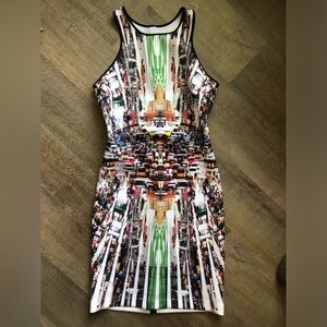 Clover Canyon women’s small dress city print stretchy fitted bodycon urban